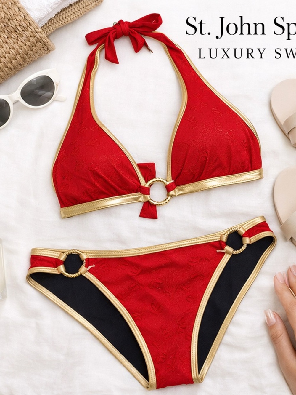 St John Sport Size 12 Top 6 Bottom Bikini Red Gold Ring Halter Luxury Swim Set